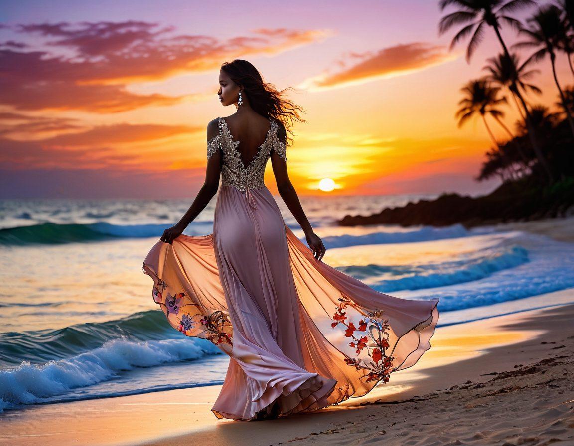 A graceful figure in a flowing, elegant dress showcasing a perfect silhouette, standing amidst a dreamy sunset beach landscape. Soft waves lap at the shore and palms sway in the gentle breeze, highlighting the celebration of form and beauty. The focus is on an artistic representation of curves, complemented by delicate floral embellishments subtly integrated into the dress. Invite a sense of elegance and allure with warm hues and playful lighting. super-realistic. vibrant colors. soft background.