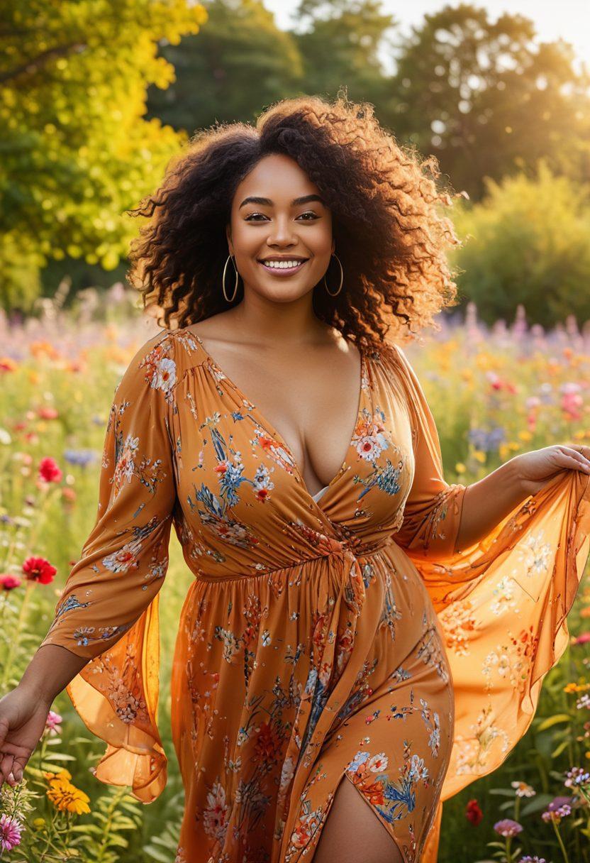 A confident, radiant woman of diverse body shapes and sizes standing tall in a sunlit park, with flowing fabric accentuating her curves. Surround her with vibrant wildflowers and a soft breeze, symbolizing freedom and self-love. Showcase empowerment through her posture and smile, with a backdrop of uplifting quotes about body positivity. Include a warm color palette to enhance the feeling of joy and empowerment. vibrant colors. super-realistic.